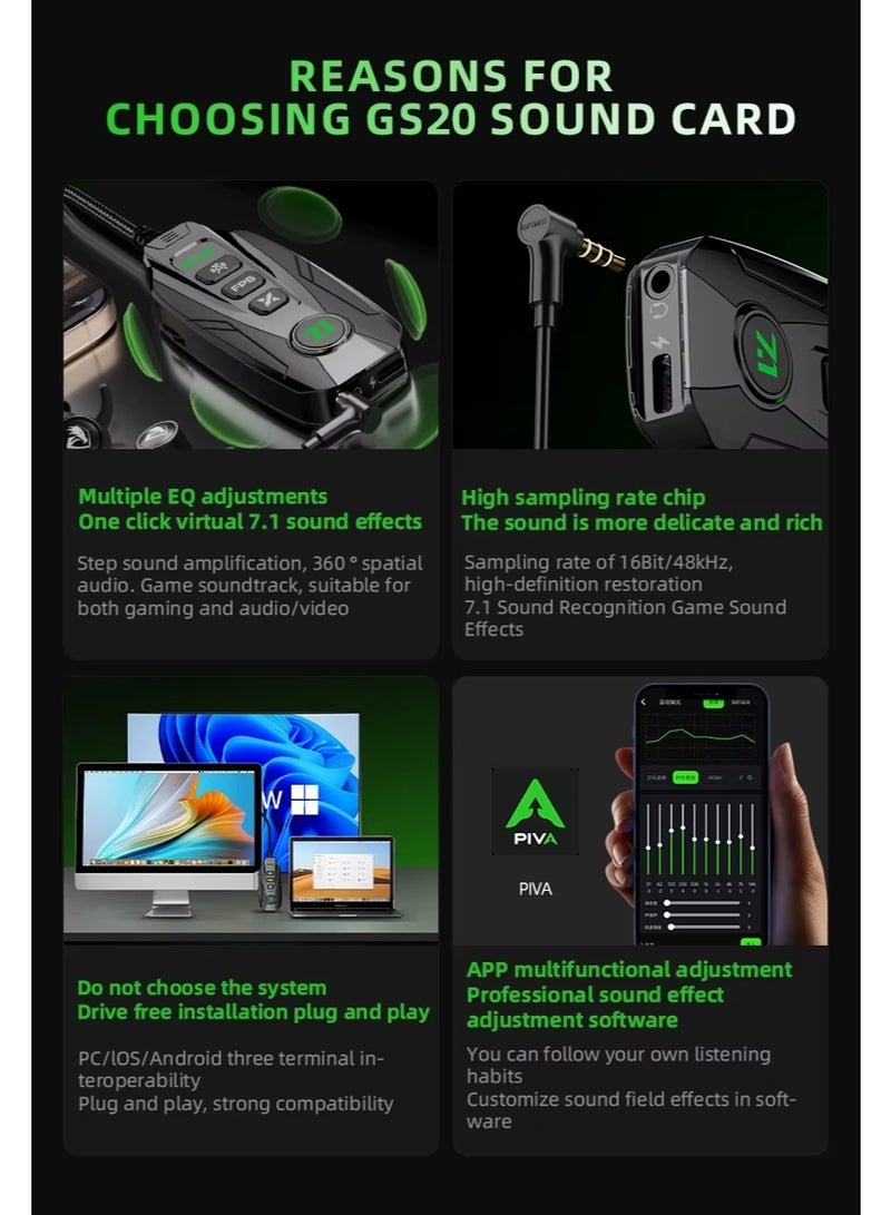 PIVA GS20 sound card and amplifier are capable of creating virtual 7.1-channel audio. Thanks to its compact design and quick installation and setup capabilities, it features four EQ modes and supports 60W PD fast charging. It has a 3.5mm port and a Type-C port. It is compatible with Windows 7 to 11, Android, macOS, and iOS. - Image 3